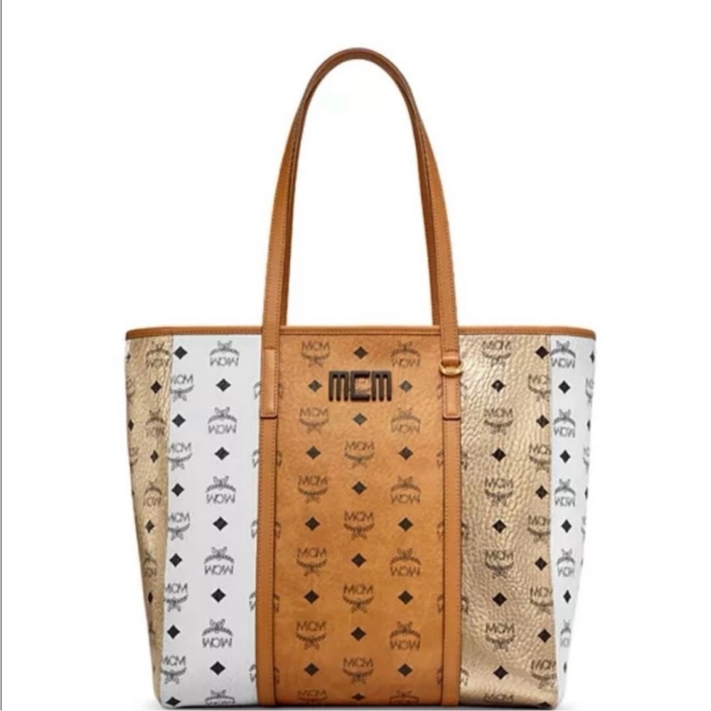 MCM White and Tan Tote Bag with Iconic Monogram